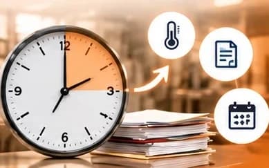Falióra egy papírhalom előtt, hőmérő-, dokumentum- és naptárikonokkal