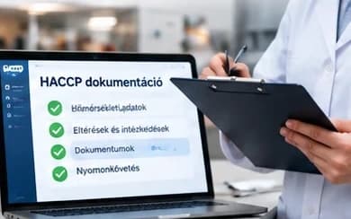 Laptopon HACCP-dokumentáció, mellette írótáblával ellenőrző szakember