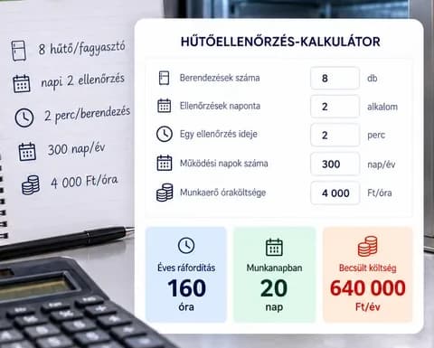 Hűtőellenőrzés-kalkulátor: 8 hűtő, napi 2 ellenőrzés, évente 160 óra és 640 000 Ft